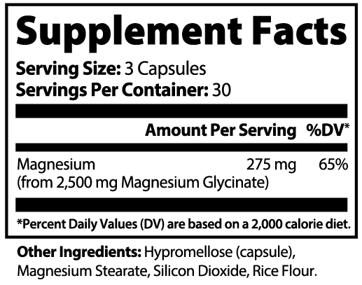 MagneEase supplement facts: 275 mg magnesium per 3 capsules, 30 servings