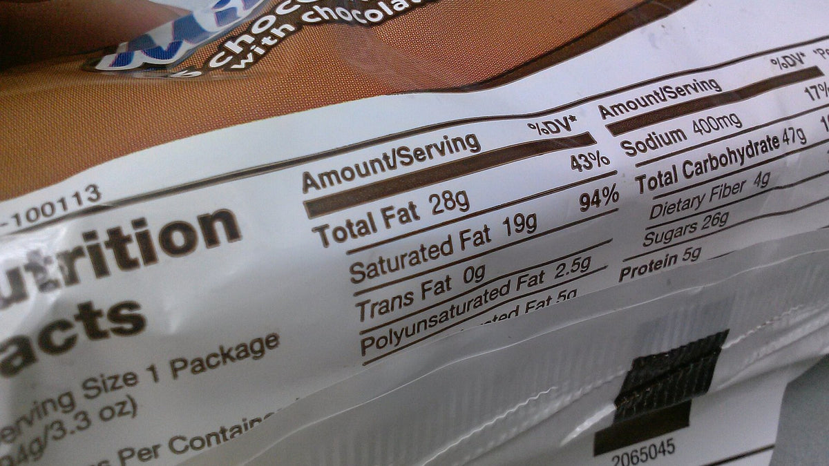 Close-up of an English Nutrition Facts panel on product packaging