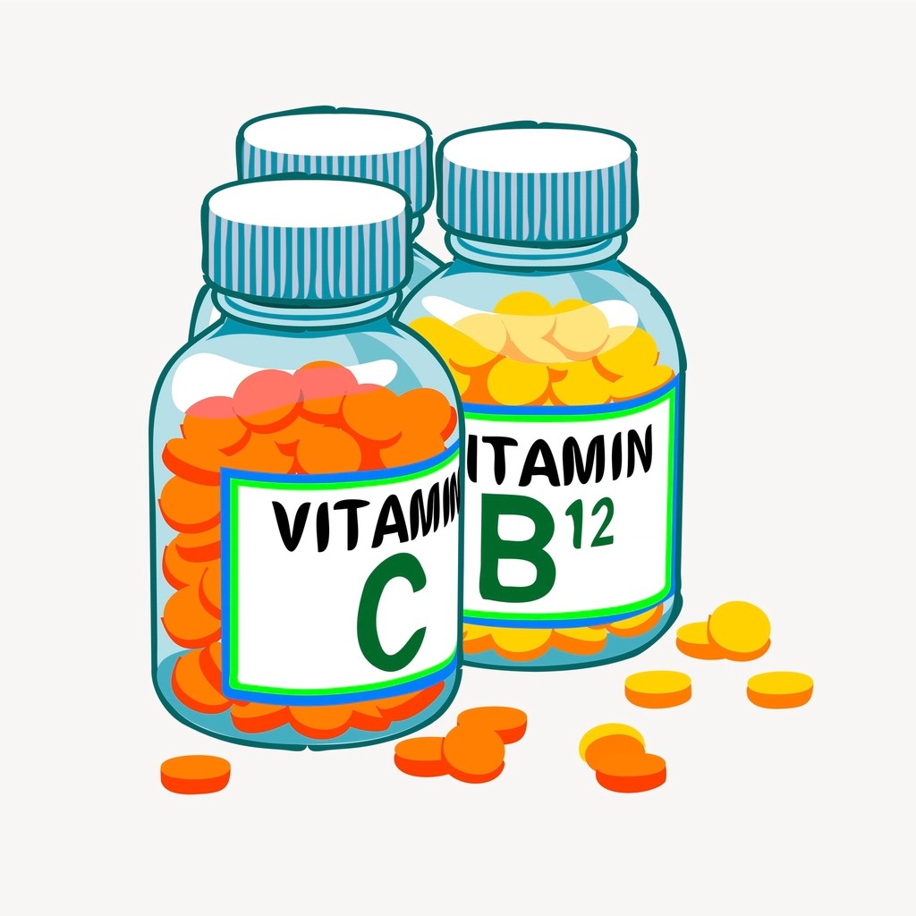 Generic illustrated vitamin bottles with simple labels for supplement-label education