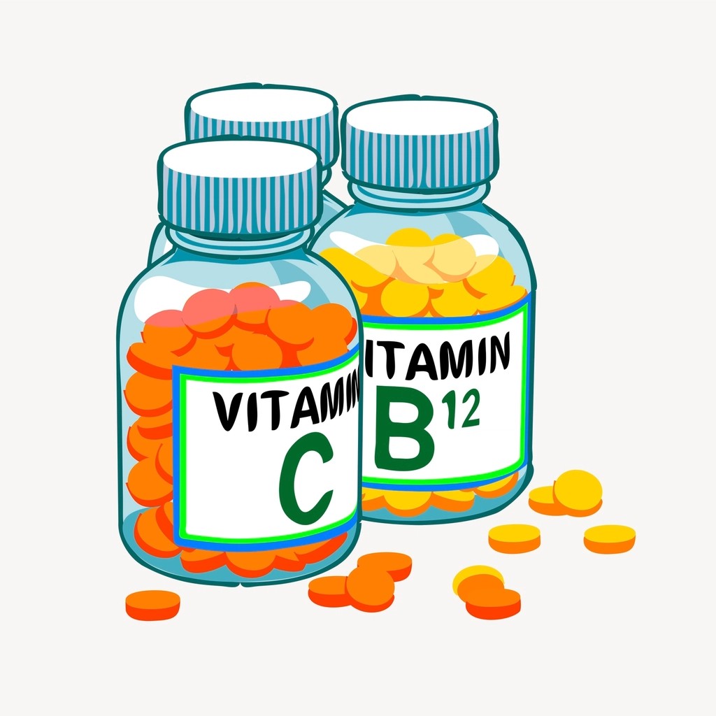 Illustrated vitamin bottles with simple labels arranged together on a plain background