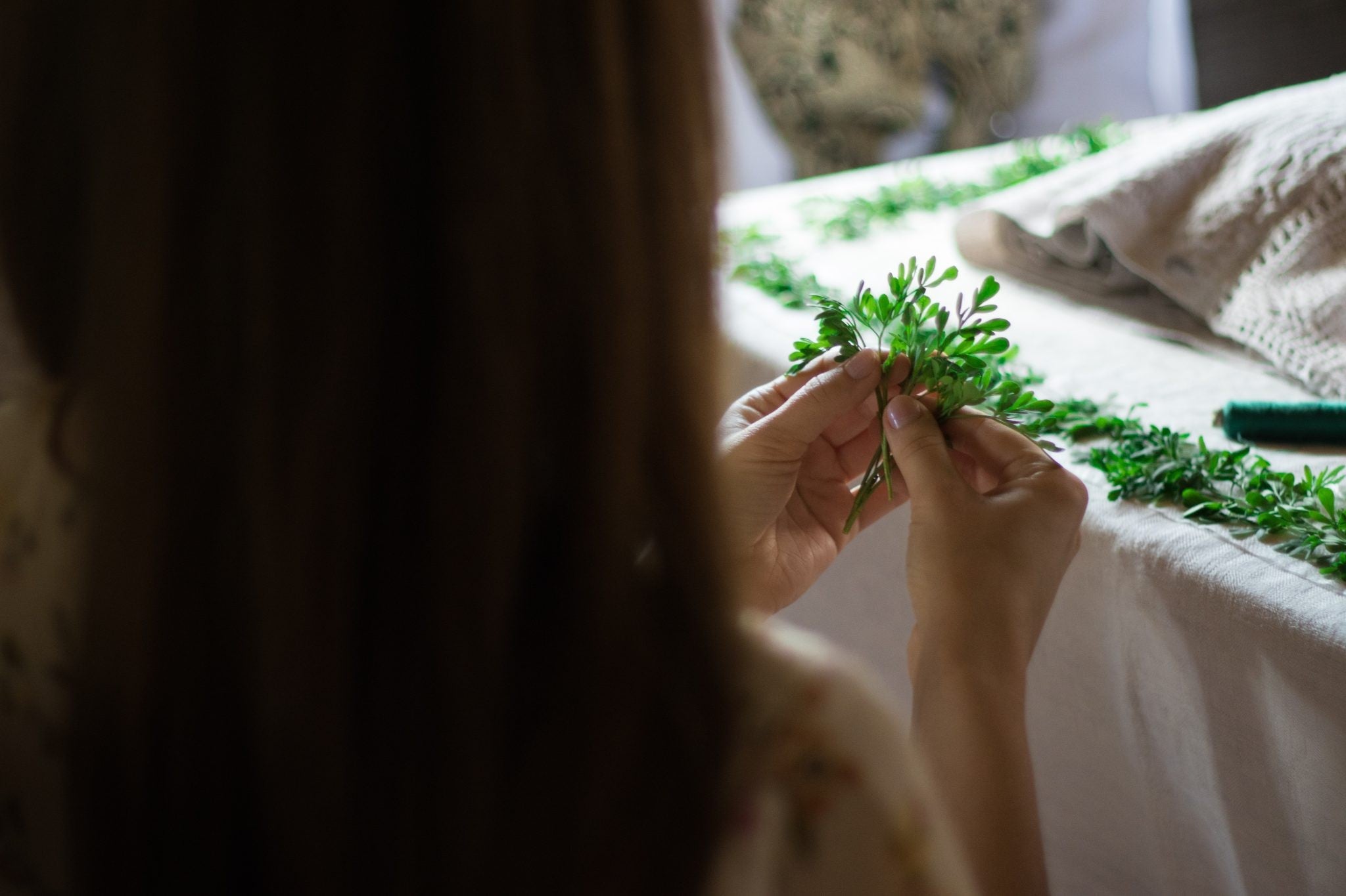 Person seated comfortably while arranging a small strand of greenery by hand