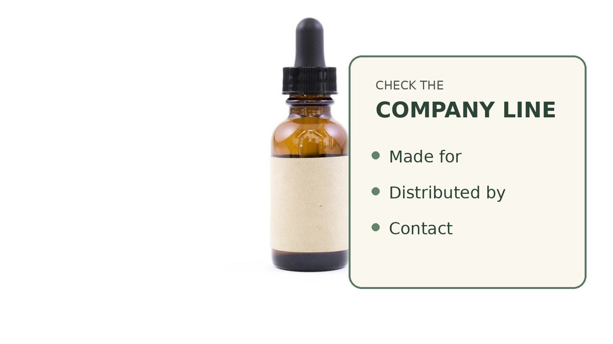 Brand-neutral amber bottle beside a checklist reading made for, distributed by, and contact